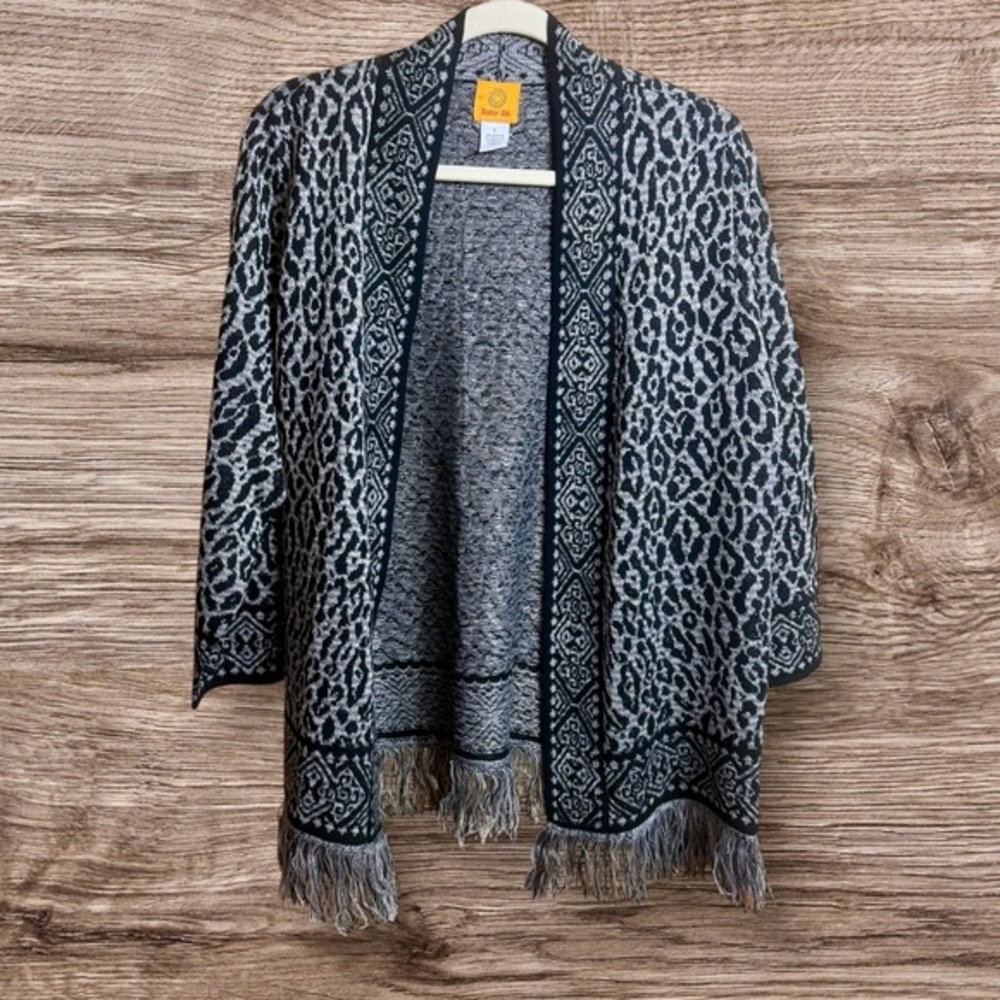 NWT Ruby Rd Leopard Fringed Open Cardigan Sweater.  Large black silver